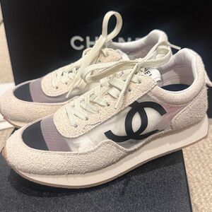 CHANEL Cream and Black Logo Sneakers